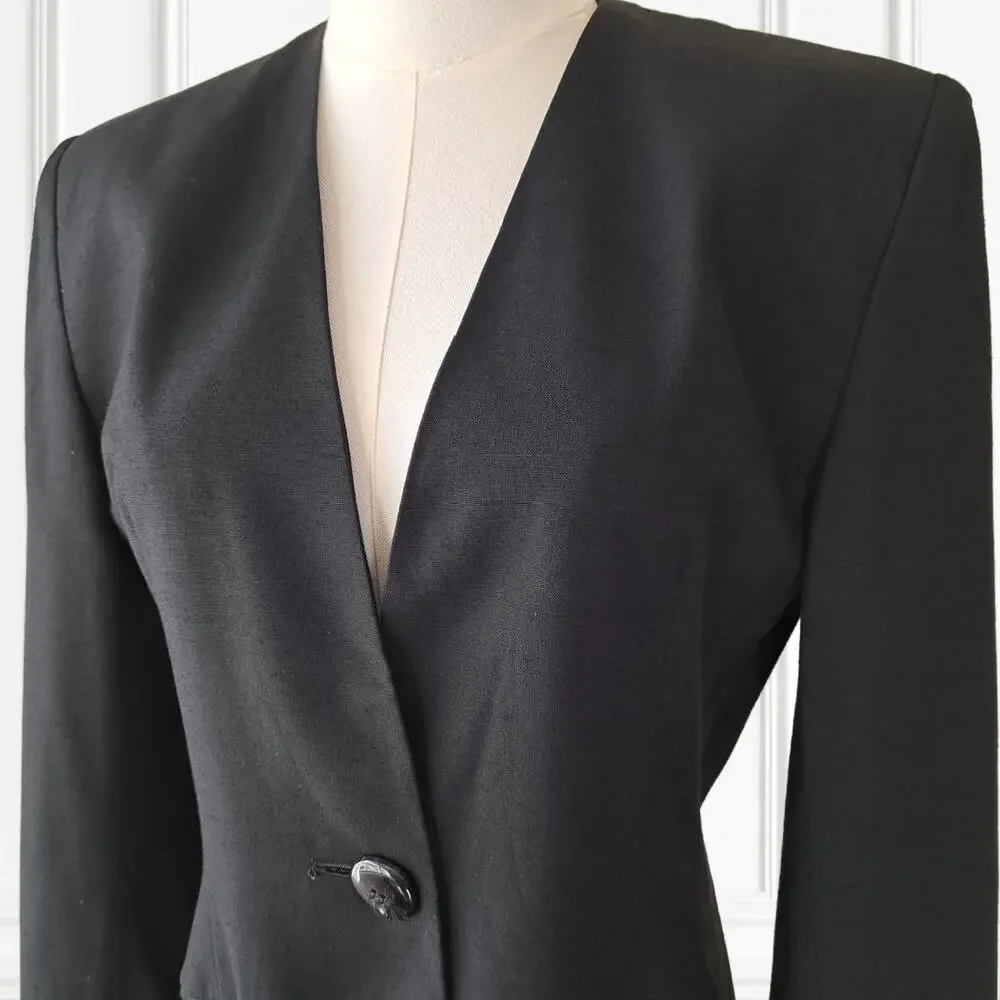 CHRISTIAN DIOR Vintage Black Collarless Blazer Jacket Sz 6 Minimalist Luxury 90s